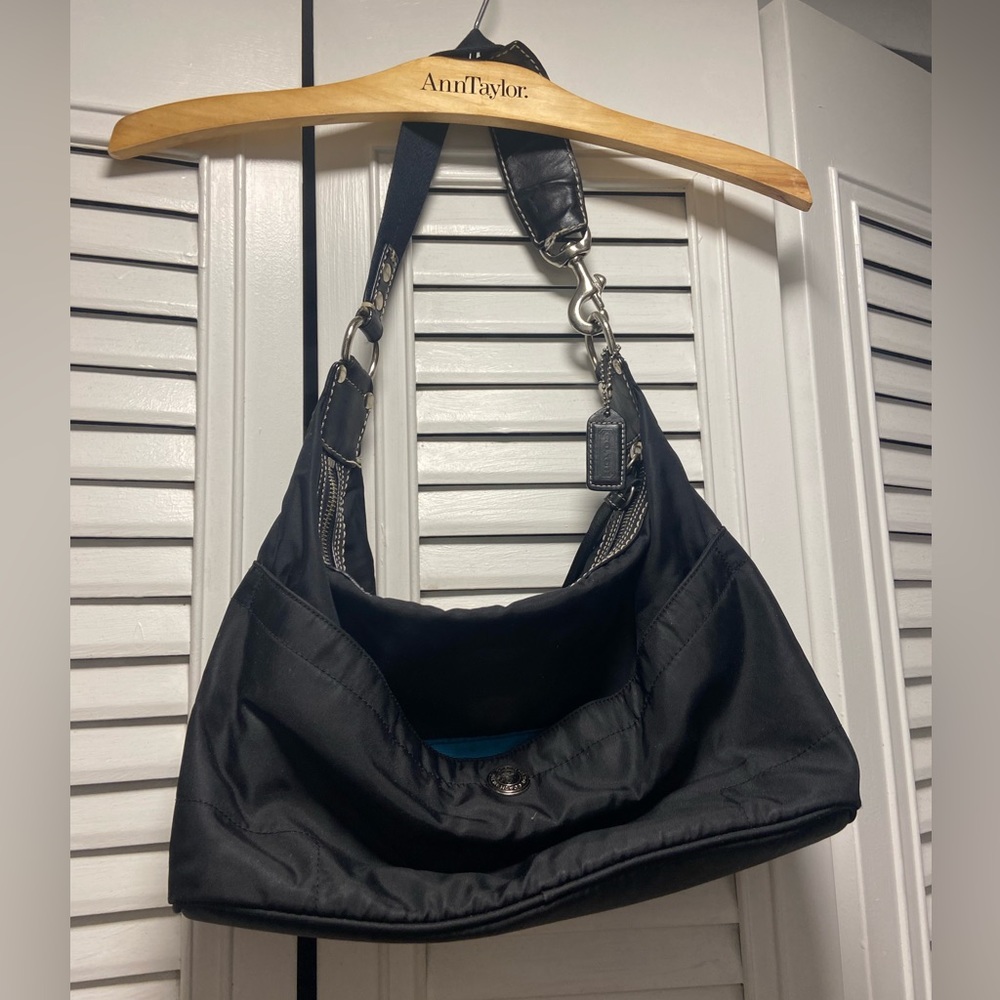 COACH Black Satin & Leather Hampton Hobo Bag Handbag Purse